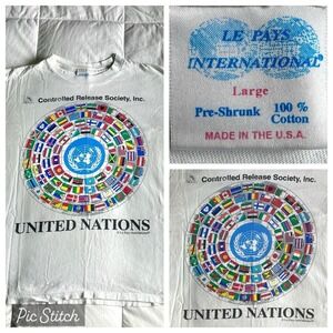 Vtg 90s Le Pays United Nations Flag Single Stitch Graphic Tee Mens L UN Politics